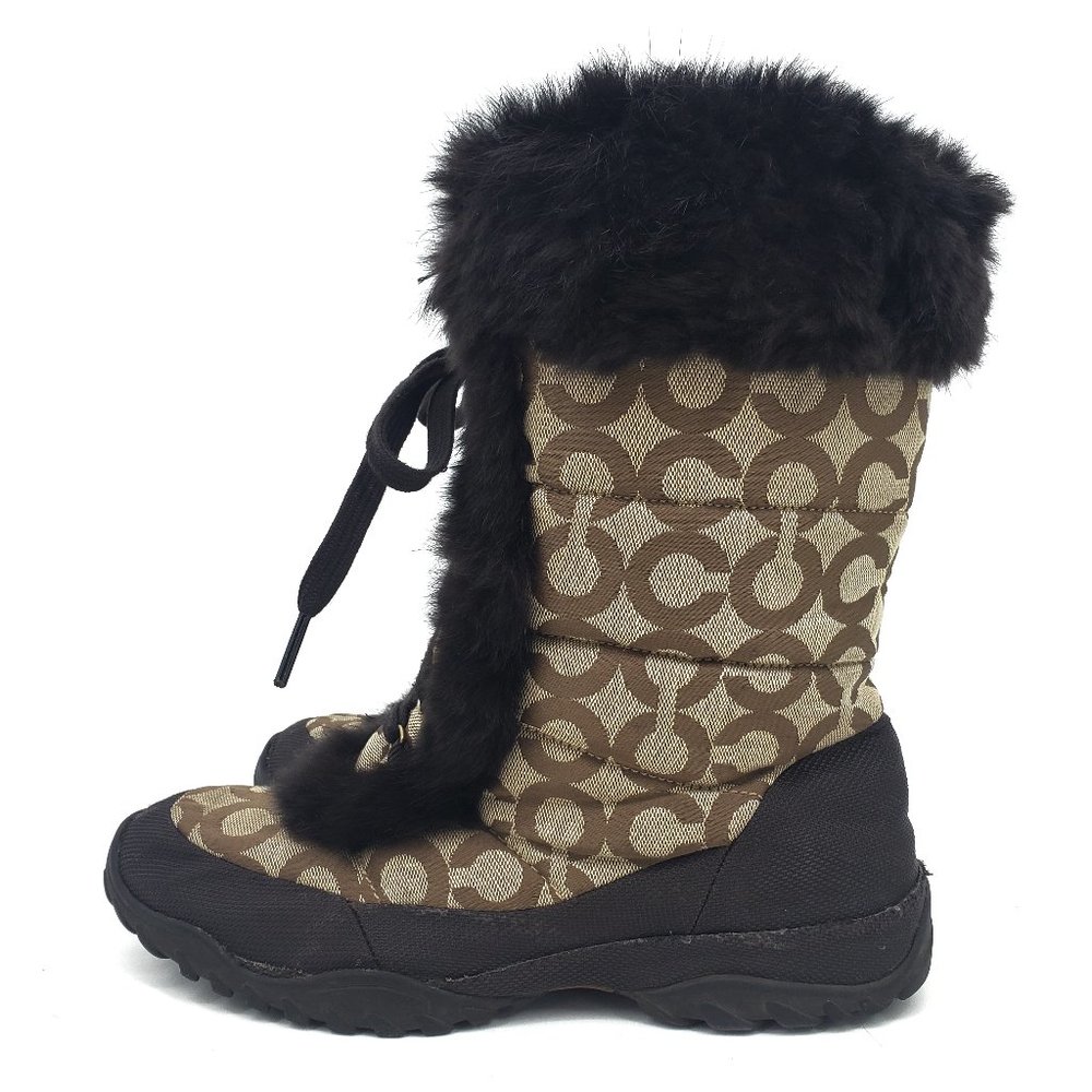 Coach Jennie Rabbit Fur Trim Winter Boots Khaki Op Art Signature C Size 8.5